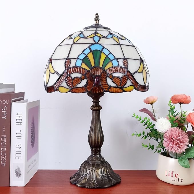 Tiffany Table Lamp 12X12X19 Inch Yellow Baroque Style Stained Glass Lamp Antique Bedside Desk Reading Light for Bedroom Living Room Home Office Include 3-Color LED Bulb