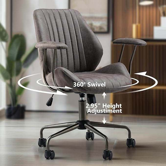 Mid Century Modren Office Chair,Mid Back Ergonomic Executive Chair with Lumbar Support, Computer Desk Swivel Task Chair with Wheels, Faux Lether Suede Fabric Home Chair, Grey