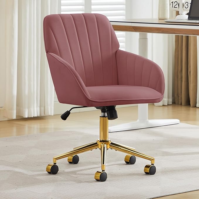 YISHENG Velvet Office Desk Chair with Gold Base, with Wheels,Modern Height Adjustable 360 Degree Swivel Upholstered Vanity Chairs with Arms for Living Room Bedroom,Rose