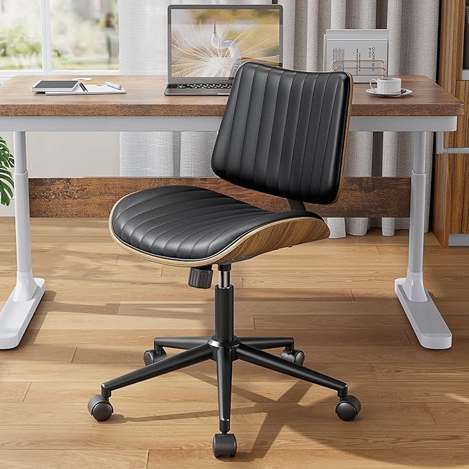 Home Office Chair with Wheels, Armless Office Desk Chair Height Adjustable, Swivel Rolling Modern Walnut Mid Back Computer Task Chair for Home, Small Space, Black, Vertical Stripe