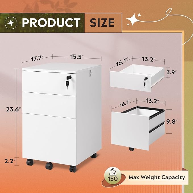 DEVAISE 3 Drawer Rolling File Cabinet with Lock, Wood Under Desk Filing Cabinet fits Letter/Legal/A4 Size for Home Office, White