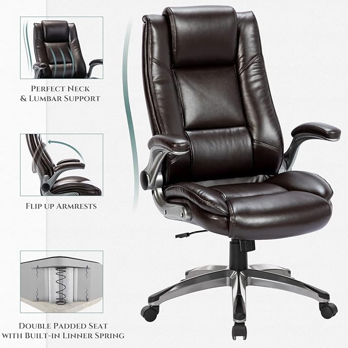 Leather Executive Office Chair - High Back Home Computer Desk Chair with Padded Flip-up Arms, Adjustable Tilt Lock, Swivel Rolling Ergonomic Chair for Adult Working Study, Brown