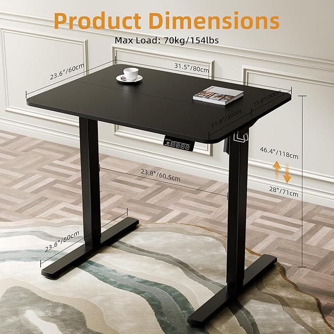 ERGOMAKER Electric Height Adjustable Standing Desk 80x60cm (31"x23.6"), Sit Stand Desk with Splicing Top for Home Office (Black Frame, Black Desktop)