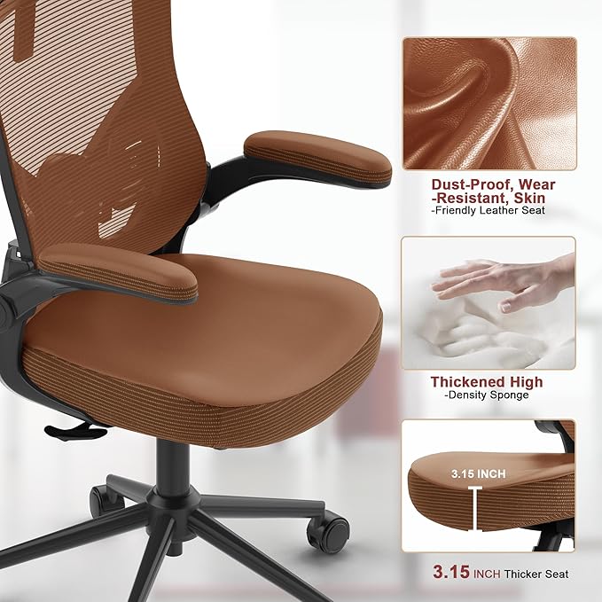 Home Office Chair, Ergonomic Comfy Desk Chair, High Back Computer Chair- Adjustable Headrest with Flip-Up Arms, Lumbar Support, Swivel Executive Task Chair (Mummy Brown, Modern)