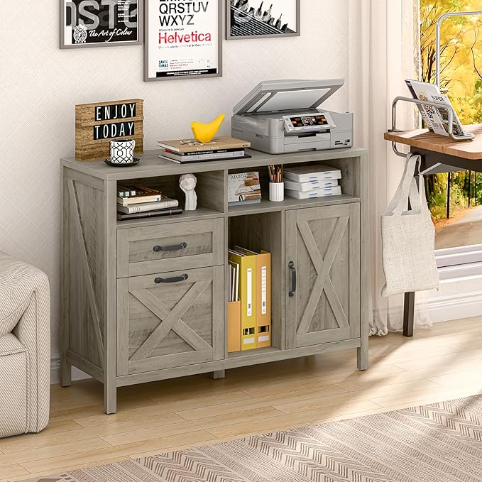 Lateral File Cabinet with 2 Drawers and Door, Farmhouse File Cabinet for A4/Letter Size Hanging Files, Large Wood File Storage Cabinets Printer Stand with Open Space for Home Office Furniture, Grey