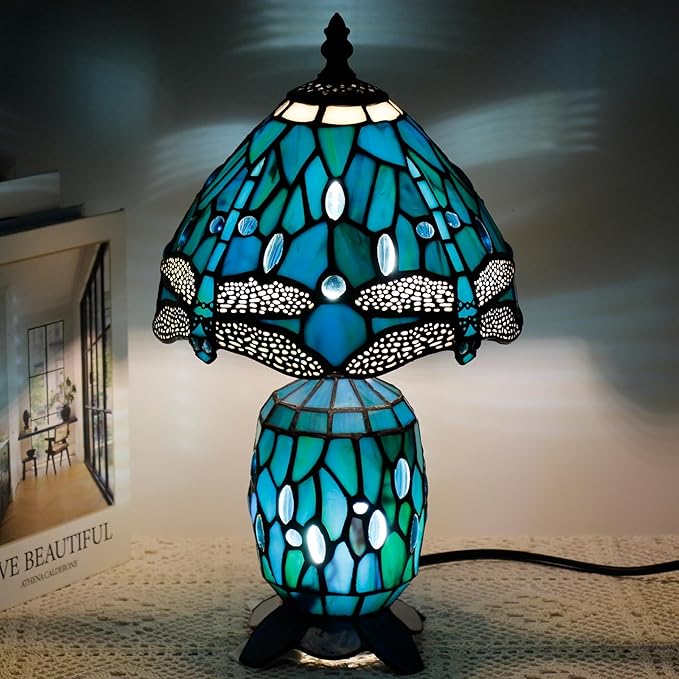 Small Tiffany Lamp Stained Glass Table Lamp Mini Mother Daughter Vase Desk Accent Light for Bedroom Bedside Reading Home Antique Style Decor 8X14 Inches (Green Dragonfly)