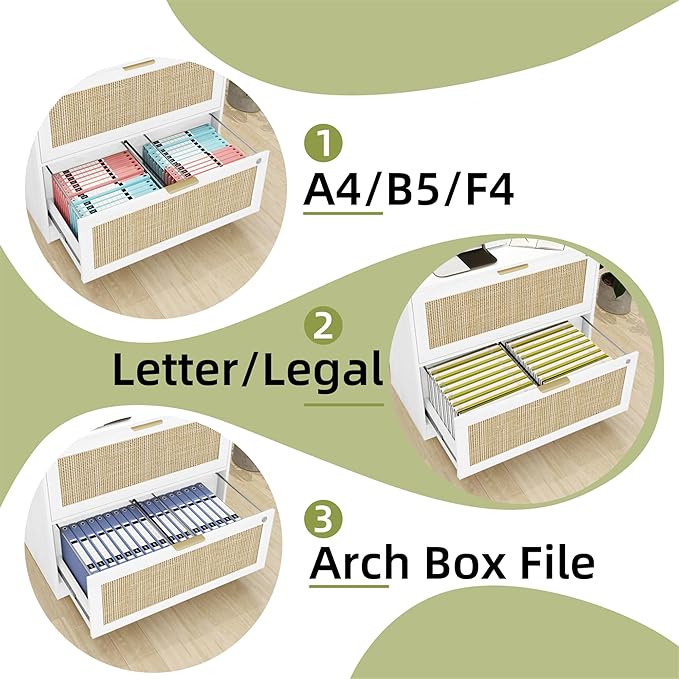 HOPUBUY 2 Drawer File Cabinet with Lock, Printer Stand Lateral Filing Cabinets for Home Office and School, Wood Rattan File Cabinet for Hanging Files/Letter/Legal/A4/F4 Size, White