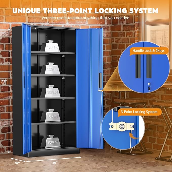 Greenvelly Metal Garage Storage Cabinet with 2 Doors and 4 Adjustable Shelves, 72" H Steel Lockable Storage Cabinet,Tall Metal Cabinet Locking File Cabinet for Office,Home, Garage, Gym, School