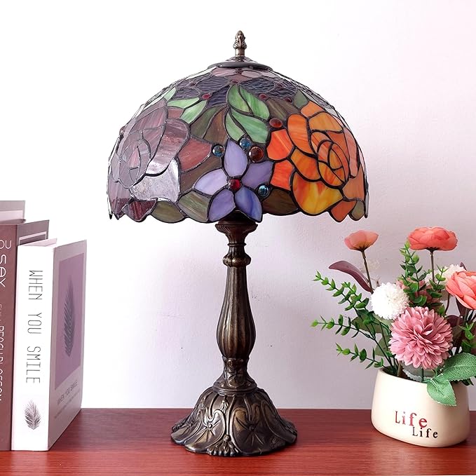 Tiffany Style Table Lamp Rose Flower Pattern Stained Glass Lamp 12X12X19 Inch 3-Way Antique Light for Nightstand Bedroom Living Room Home Office