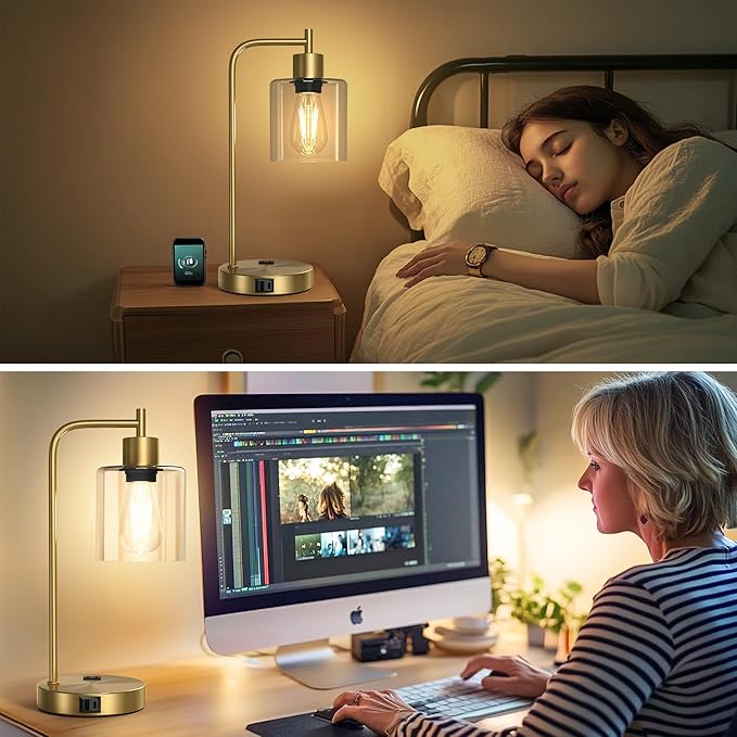 QiMH Set of 2 Industrial Touch Control Table Lamps with 2 USB Ports and 2 AC Outlets, 3-Way Dimmable Bedside Nightstand Reading Lamps with 2700K LED Bulbs, Glass Desk Lamp for Living Room,Bedroom