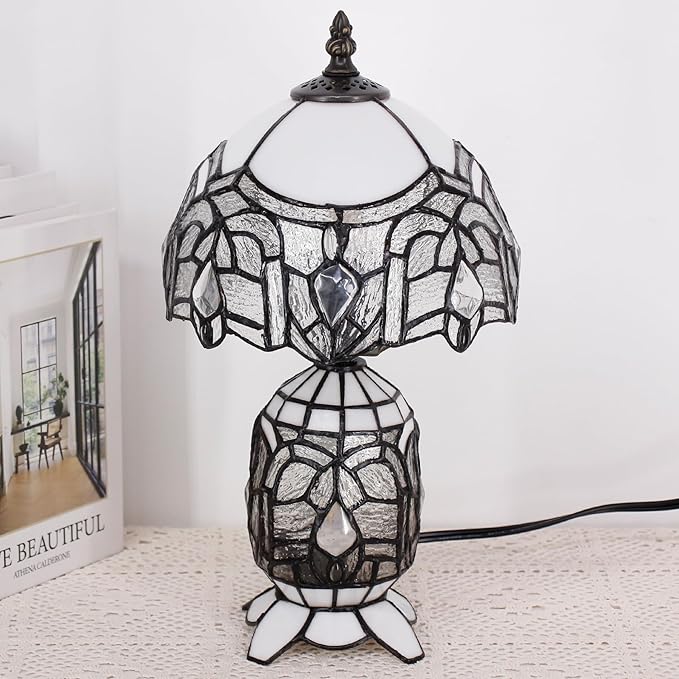 Small Tiffany Lamp Stained Glass Table Lamp Mini Mother Daughter Vase Desk Accent Light for Bedroom Bedside Reading Home Antique Style Decor 8X14 Inches (White)