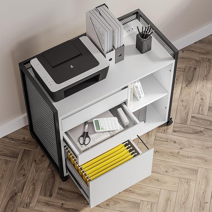BELLEZE 3-Drawer Mobile File Cabinet Desk with Ultra-Fast USB Type A/C Outlet, Rolling Printer Stand with 2-Tier Open Shelves, Lateral Filing Cabinet for Home Office (Rider Desk - White)