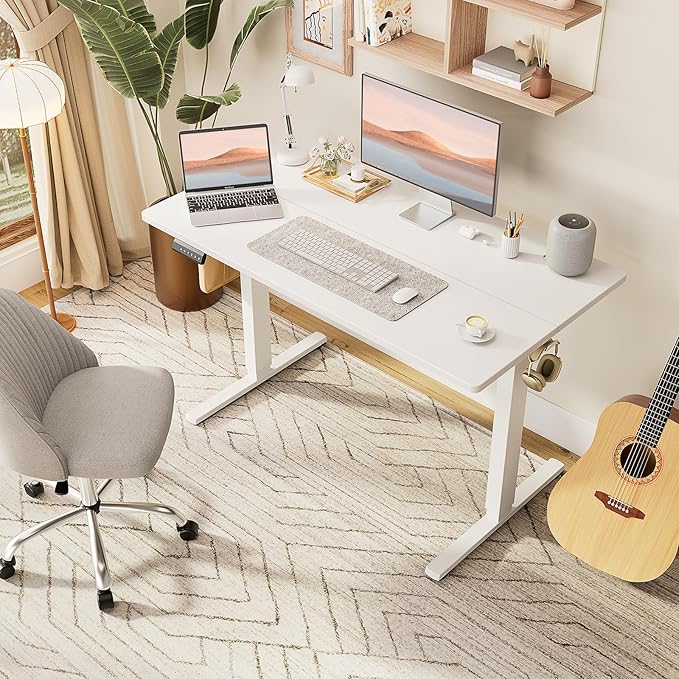 SMUG Adjustable Height Standing Desk 40 Inch Electric Sit Stand Up Down Computer Table Ergonomic Rising Modern Lift Motorized Gaming Desktop Workstation for Work Home Office White