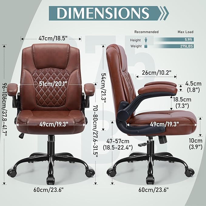 Leather Office Chair, PU Home Computer Desk Chairs with Ergonomic Back Support, 360° Swivel Free,Small Gmaing Chair with Wheels and Adjustable Armrests, for Short People Use, Vintage Brown