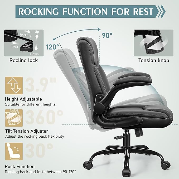 Leather Office Chair, PU Home Computer Desk Chairs with Ergonomic Back Support, 360°Swivel Free,Small Gaming Chair with Wheels and Adjustable Armrests, for Short People Use, Black