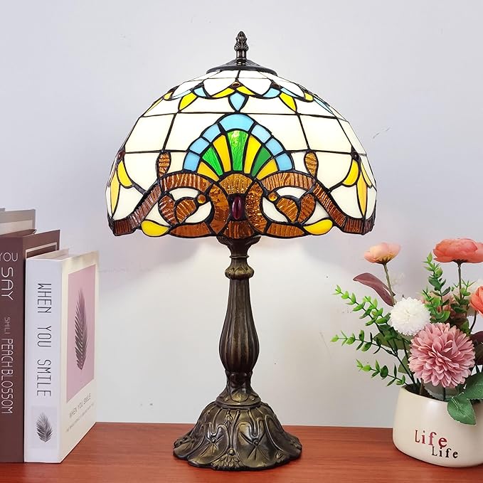 Tiffany Table Lamp 12X12X19 Inch Yellow Baroque Style Stained Glass Lamp Antique Bedside Desk Reading Light for Bedroom Living Room Home Office Include 3-Color LED Bulb