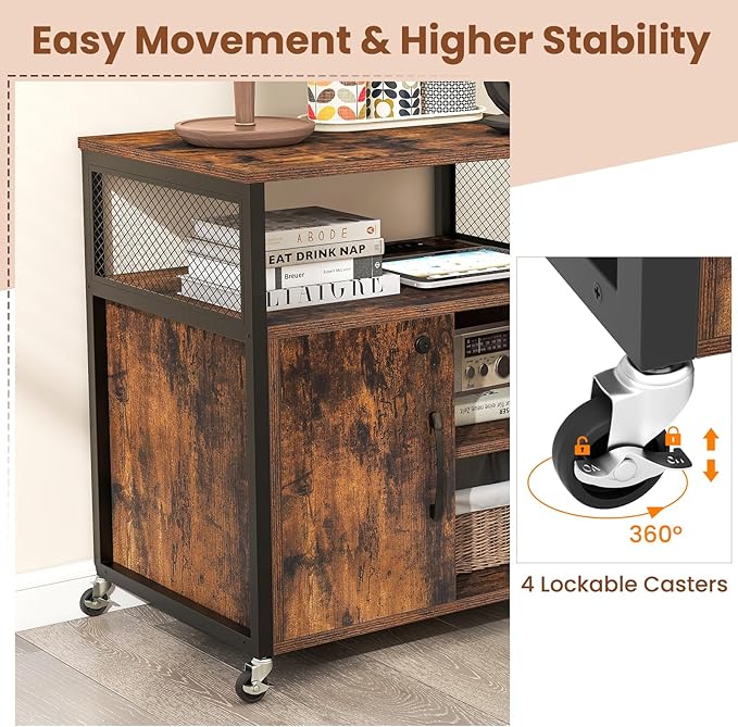 LOKO Rolling File Cabinet with Charging Station, Mobile Lateral Filing Cabinet with Lock, Adjustable Shelf, Metal Frame, Modern Printer Stand on Lockable Wheels for Home Office, Small Space (Brown)