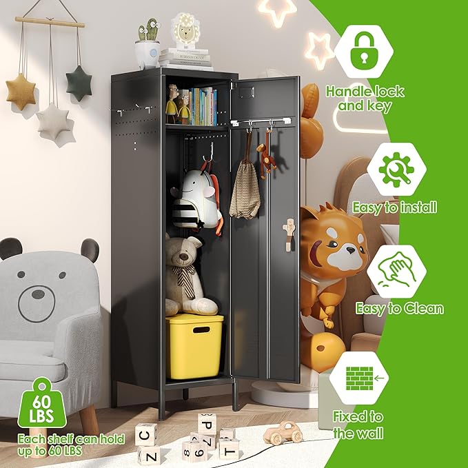 1 Door Metal Storage Locker with Handle and Hanging Rod,Metal Locker for Employees with Pegboard and Hooks for Gym, School, Office,Home,Garage,Grey,Assembly Required,Black