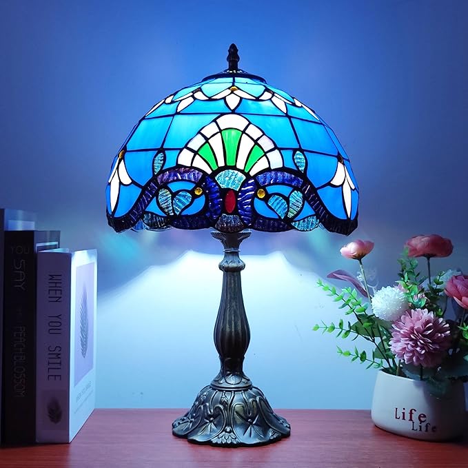 Tiffany Table Lamp 12X12X19 Inch Stained Glass Lamp Blue Baroque Style Antique Bedside Desk Nightstand Light for Bedroom Living Room Home Office Include 3-Color LED Bulb