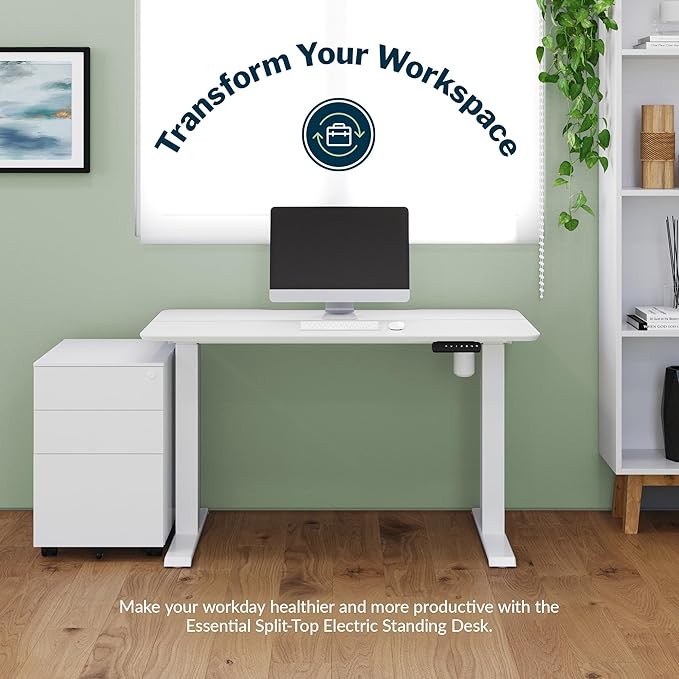 Vari Essential Electric Standing Desk for Home Office – 48x24 Sit-Stand VariDesk, 4 Memory Height Presets, 2-Piece Laminate Wood Top, Sturdy T-Style Legs, Supports 150 Lbs + Easy Assembly (White)