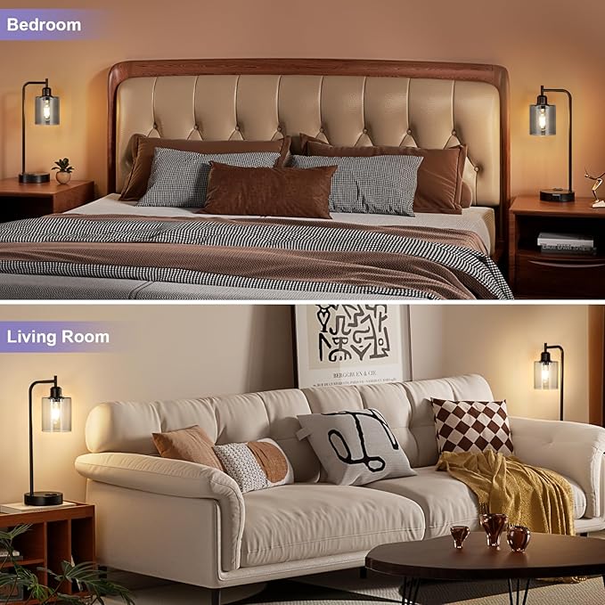Innqoo Industrial Touch Bedroom Lamps for Bedrooms Set of 2-3-Way Dimmable Table Lamps with USB C+A Ports and Outlet, Bedside Lamps with Gray Glass Shade for Living Room, Desk Lamps for Home Office