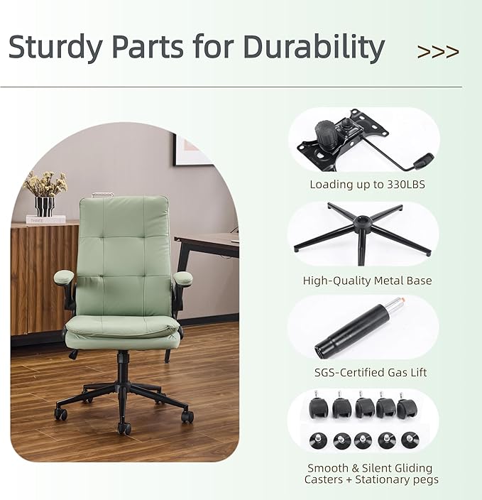 VINGLI Comfy Green Leather Office Desk Chair, High-Back Support Ergonomic Computer Task Gaming Chair,with Removable wheels,360° Swivel,Adjustable Height,Flip-Up Arms,for Adults,Teen,Vanity,Home Office