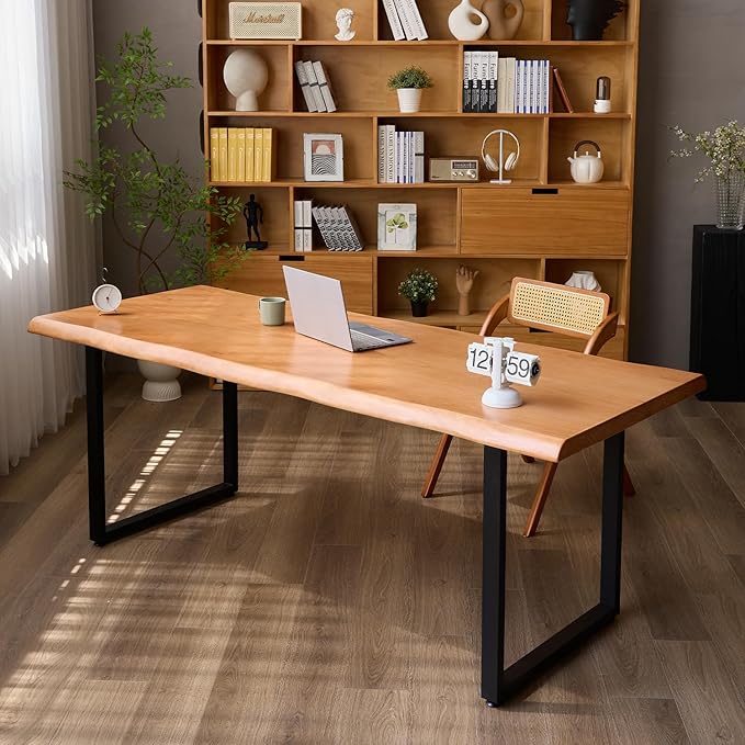 Stylish Solid Wood Office Desk with Sturdy Metal Base - Durable Multi-Size Executive Computer & Dining Table - Perfect for Home Office & Work Environments (Brown, 62.99in)