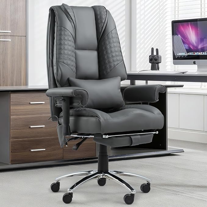 Massage & Heating Office Chair with Foot Rest, Ergonomic Executive Office Chair with Reclining Backrest, Adjustable Arms and Lumbar Support, High Back Leather Desk Chairs for Home Office, Gray