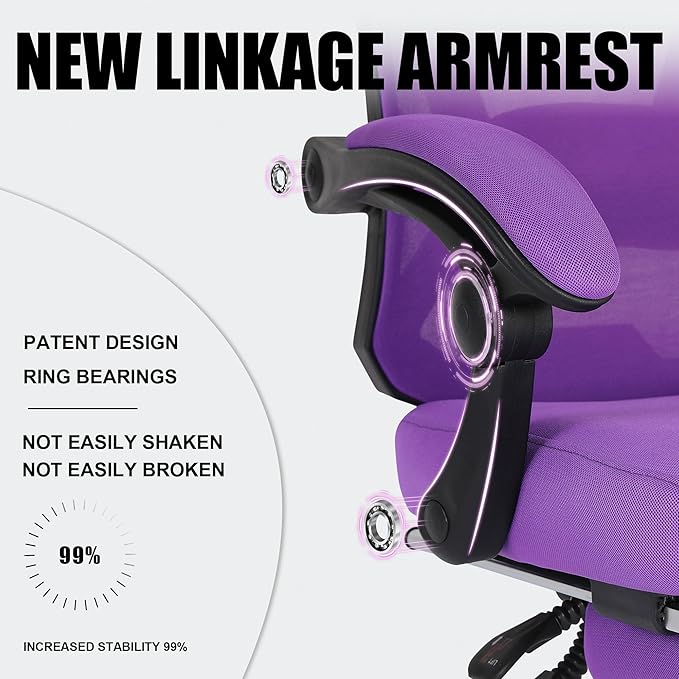 Misolant Ergonomic Office Chair with Footrest, Purple Desk Chair with Adjustable 2D Lumbar Support, High Back Mesh Ergonomic Computer Chairs with Adjustable Headrest for Home