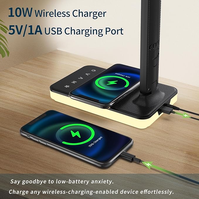 LED Desk Lamp with Wireless Charger, USB Charging Port, Reading Lamp Desk Light with 5 Brightness, 3 Colors, Table Lamp with Clock, Alarm, Date, Temperature, Desk Lamp for Home Office Study (Black)