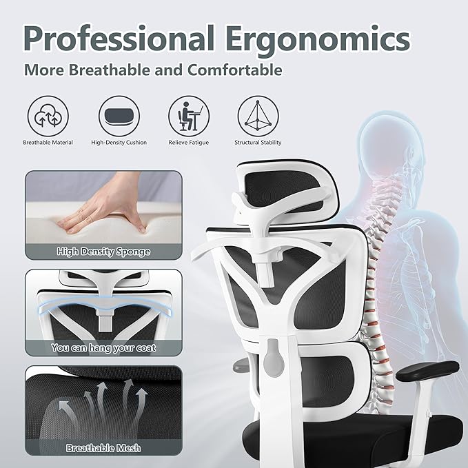 Winrise Office & Gaming Chair, High Back Ergonomic Reclining Desk Chair, Big & Tall, Comfy Home Office, Breathable Mesh, Adjustable Armrests (White)