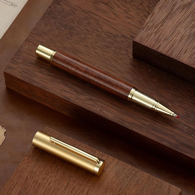 Luxury Wooden and Metal Rollerball Pen Set with Spare Gel Ink Refill,Rosewood,White Oak,Walnut Wood Signature Roller Ball Pen,Business Gift Set for Men and Women (Rosewood)