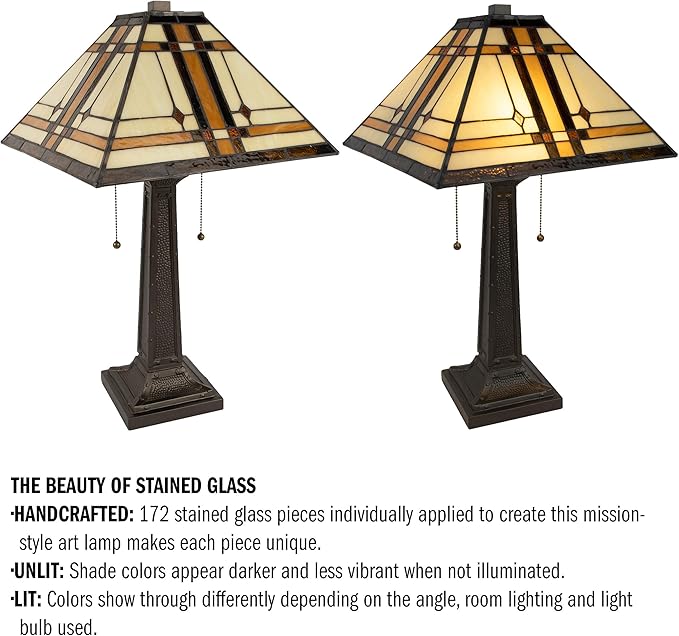 Lavish Home Tiffany-Style Table Lamp – Mission-Design Art Glass Lighting with 2 LED Bulbs Included – Vintage-Look Handcrafted Room Décor