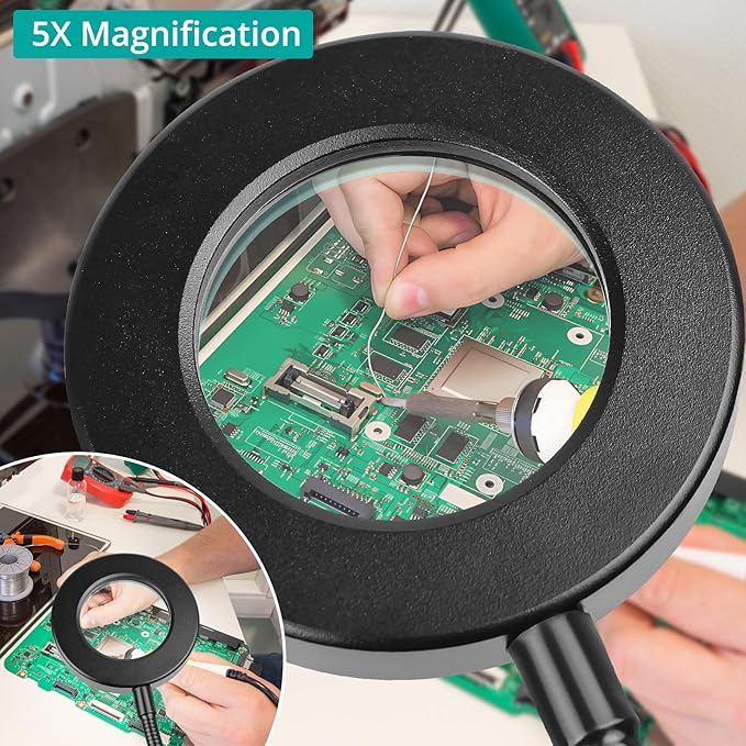 5X Magnifying Glass Desk Lamp with Clamp, 10 Brightness Levels, 3 Color Modes, 5V/2A Adapter Included – Clip Light for Reading, Crafting, Painting, Close Work (Black)