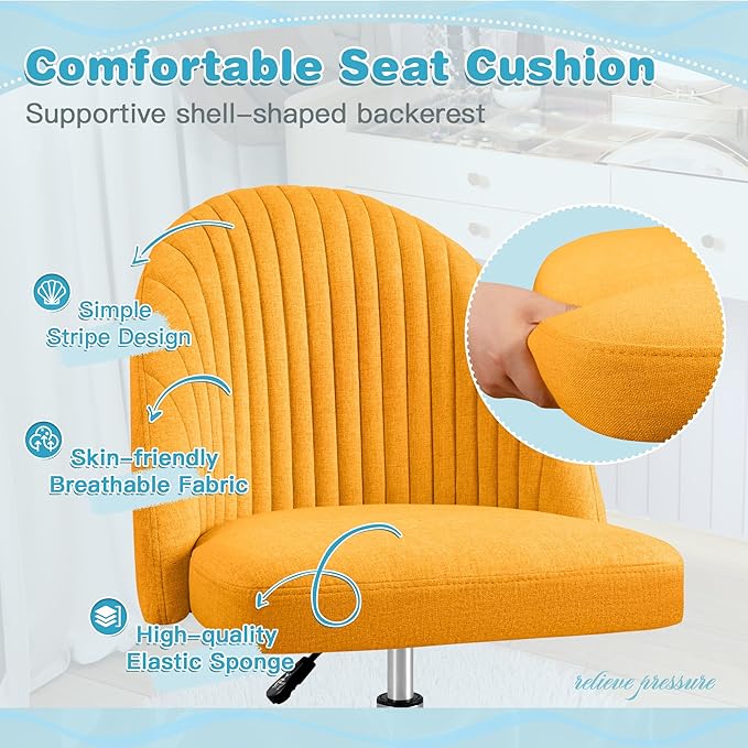 Furniwell Office Chair Armless Cute Desk Chair Modern Adjustable Swivel Padded Fabric Vanity Task Computer Chair Home Office Desk Chairs with Wheels (Yellow)