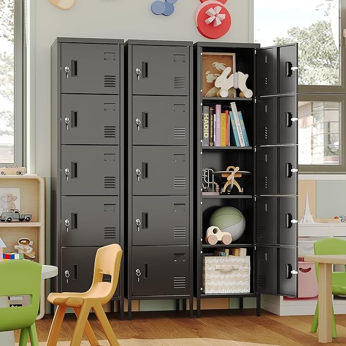 Metal Locker with Lock and Ventilation Holes,Metal Storage Locker with Business Card Slof for Home,Gym,Garage,School,Office,66" H x 15.8" W x 15.8" D Assembly Required,Black