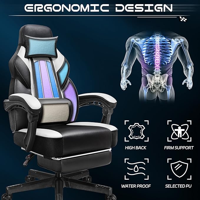 Meilocar Gaming Chair with Footrest, Video Game Chair for Adults Ergonomic Big and Tall Computer Chairs with Massage Lumbar Support 330lbs Weight Capacity, 360° Swivel Seat (White)
