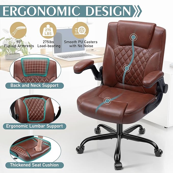 Leather Office Chair, PU Home Computer Desk Chairs with Ergonomic Back Support, 360° Swivel Free,Small Gmaing Chair with Wheels and Adjustable Armrests, for Short People Use, Vintage Brown