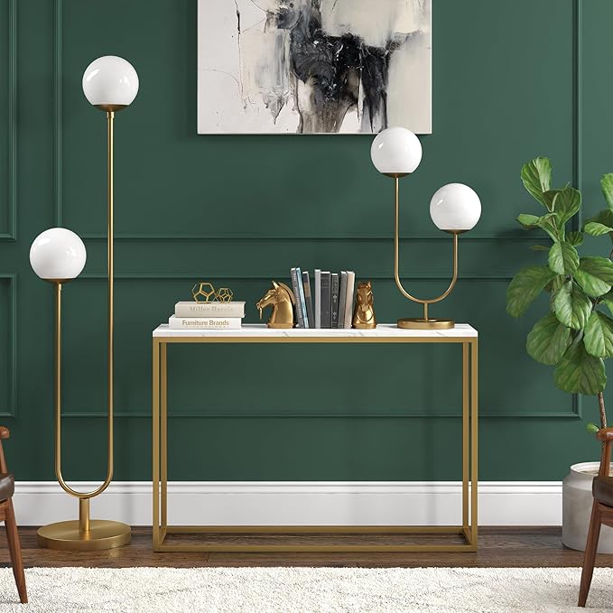 Henn&Hart 28'' Mid-Century Modern 2-Light U-Shaped Table Lamp with White Milk Glass Globe Shade for Living Room, Bedroom, or Office, Brass