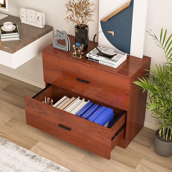 Giantex Office File Cabinet 2 Drawer - Lateral Filing Cabinet w/Anti-Toppling Device, Hanging Bars, Home Office Furniture for Hanging File Folders A4/Letter/Legal Size, File Storage Cabinet (Walnut)