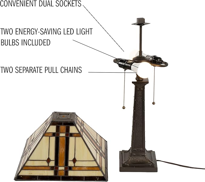Lavish Home Tiffany-Style Table Lamp – Mission-Design Art Glass Lighting with 2 LED Bulbs Included – Vintage-Look Handcrafted Room Décor