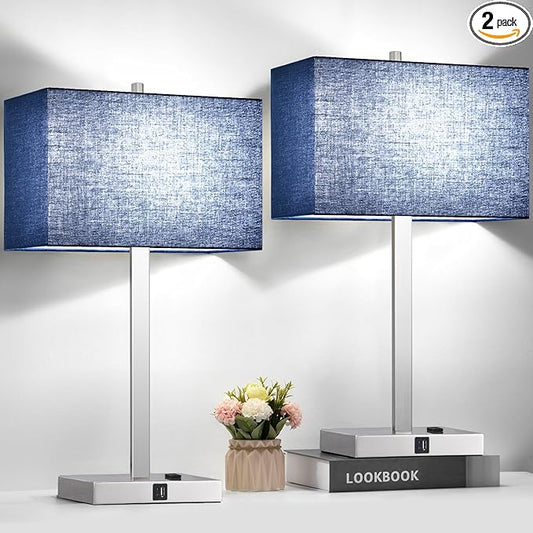 Lynnoland 21" Set of 2 Table lamp with USB A+C & AC Outlets, Touch Control 3-Way Dimmable Nightstand Lamps for Bedroom Living Room Office Reading, Blue Shade Touch Lamps, 5000K LED Bulbs Included