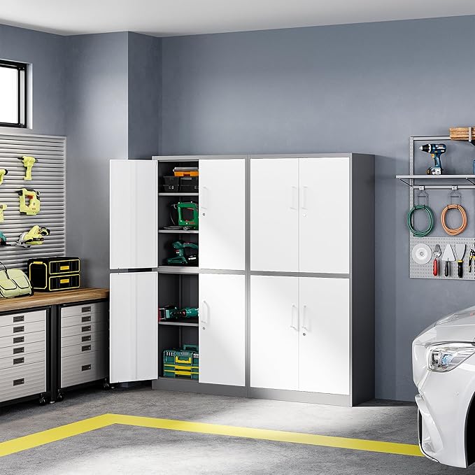 Letaya Metal Storage Cabinet with Lock Door, Adjustable Shelf Steel Cabinets for Office, Home,Pantry,Kitchen,Garage Utility Cabinet (4 Door-White&Gray)