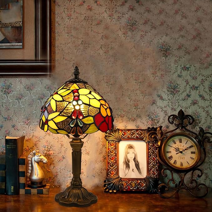 Tiffany Lamp Rose Flower Stained Glass Table Lamp for Bedroom,3 Color-Temperatures Nightstand Bedside Home Office Desk Lamp Accent Table lamp for Living Room Hotel, 8X8X14 Inch