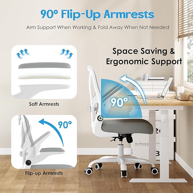 Office Chair Ergonomic Desk Chair - Mesh Computer Chair Breathable Task Chair with Wheels Adjustable Lumbar Support Home Desk Office Chairs Flip up Armrest Executive Rolling Swivel White