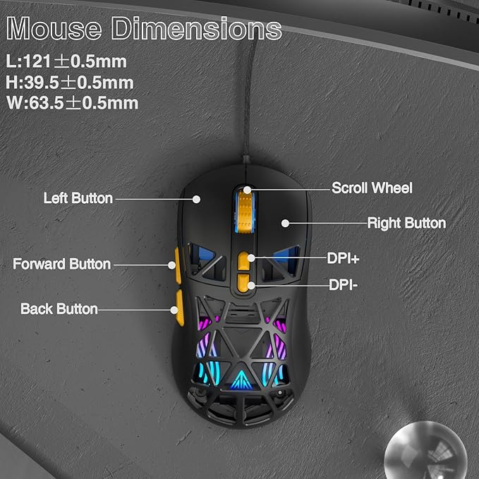 SOLAKAKA SM901 Gaming Mouse,13800DPI RGB Mouse with Programmable Buttons,53g Lightweight Wired Mouses for Gamer,Black
