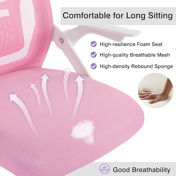 VECELO Mid-Back Swivel Ergonomic Office Chair with Adjustable Arms Mesh Lumbar Support for Computer Task Work, Pink