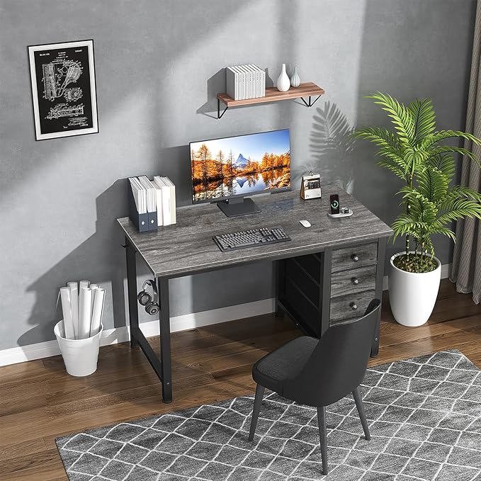 Lufeiya Small Gaming Desk with 4 Fabric Drawers, 40 Inch Kids Girls Teen Cute Study Desk for Bedroom, Work Computer Writing Table Desks for Small Space Home Office, Gray