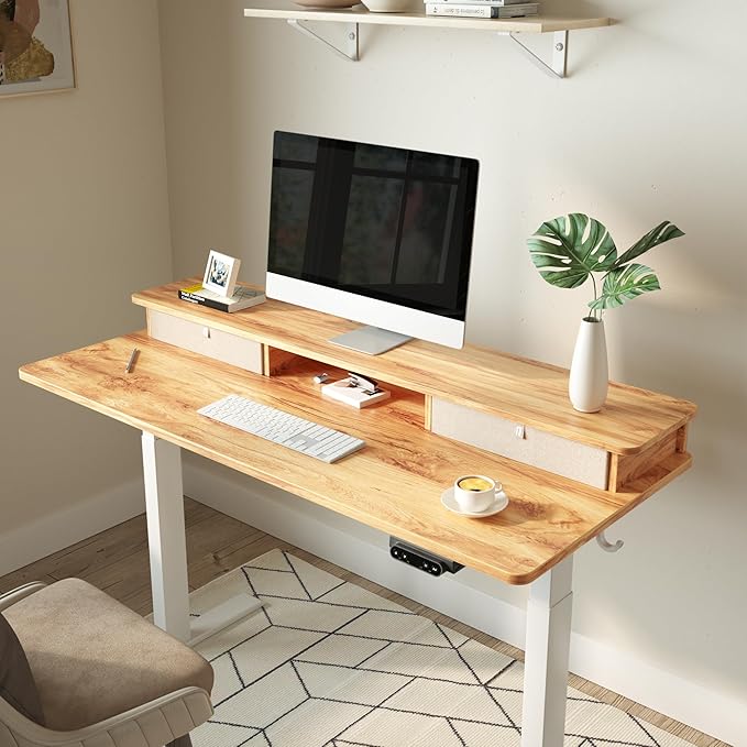 FEZIBO 48 x 24 Inch Whole-Piece Height Adjustable Standing Desk with Double Drawers, Sit Stand Desk, Home Office Stand Up Table with 4 Height-Adjustable Feets & 2 Hooks, Light Rustic Top