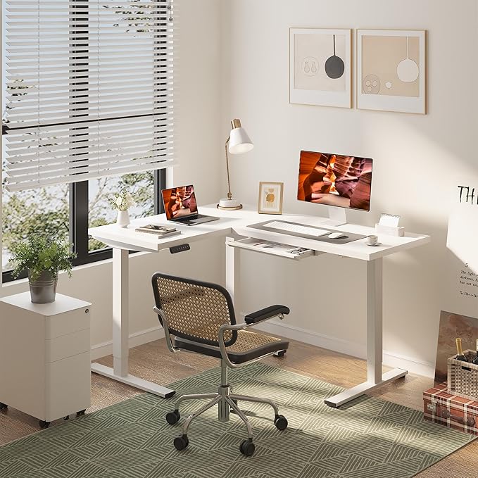 L-Shaped Standing Desk, 63 x 47 Inches Height Adjustable Desk with Storage, Sit and Stand up for Work Office Home, Ergonomic Rising Computer Table for Home Office with Splice Board, White